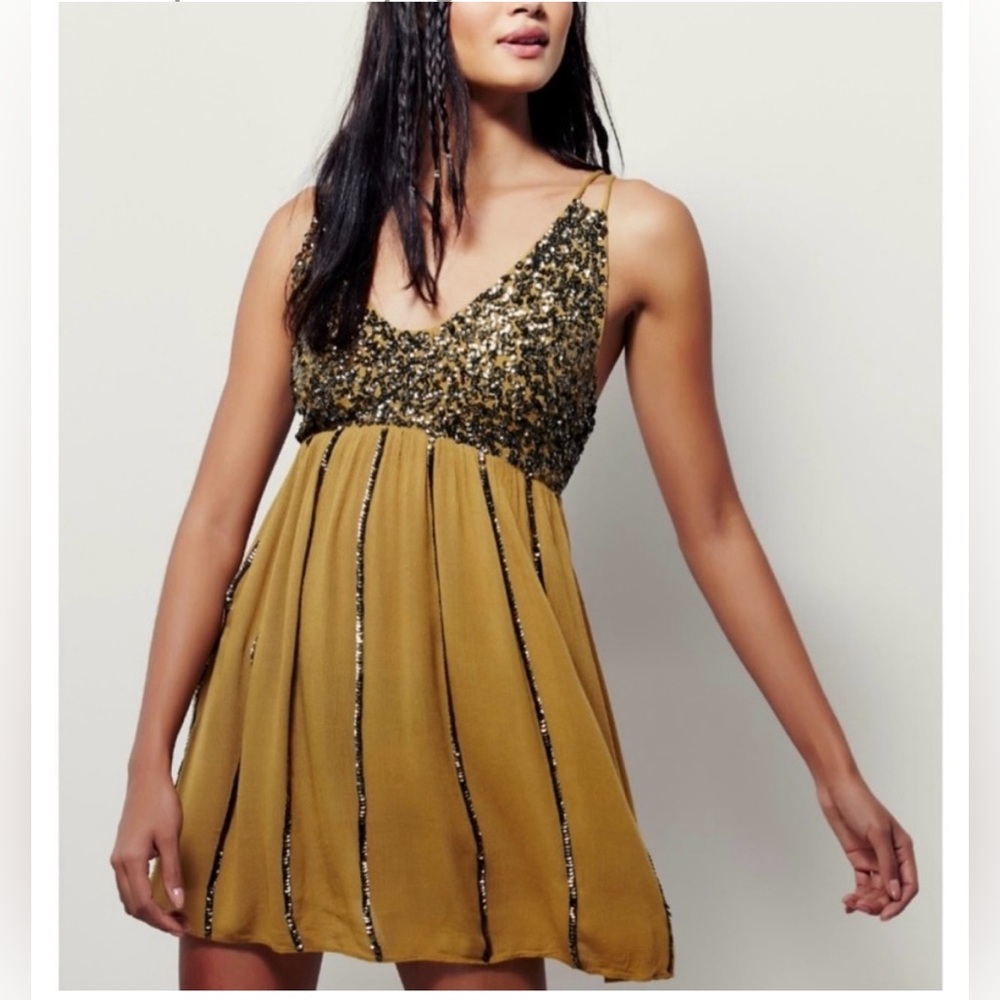 Free People Sequin Slip Dress Gold (mustard color)